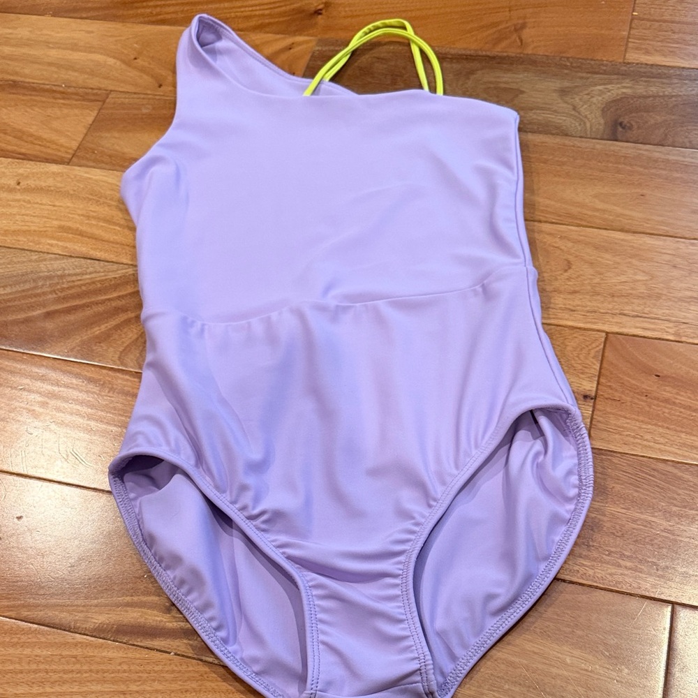 Tiger Friday ‘May’ leotard in lilac w/ neon yellow strap; excellent condition AM